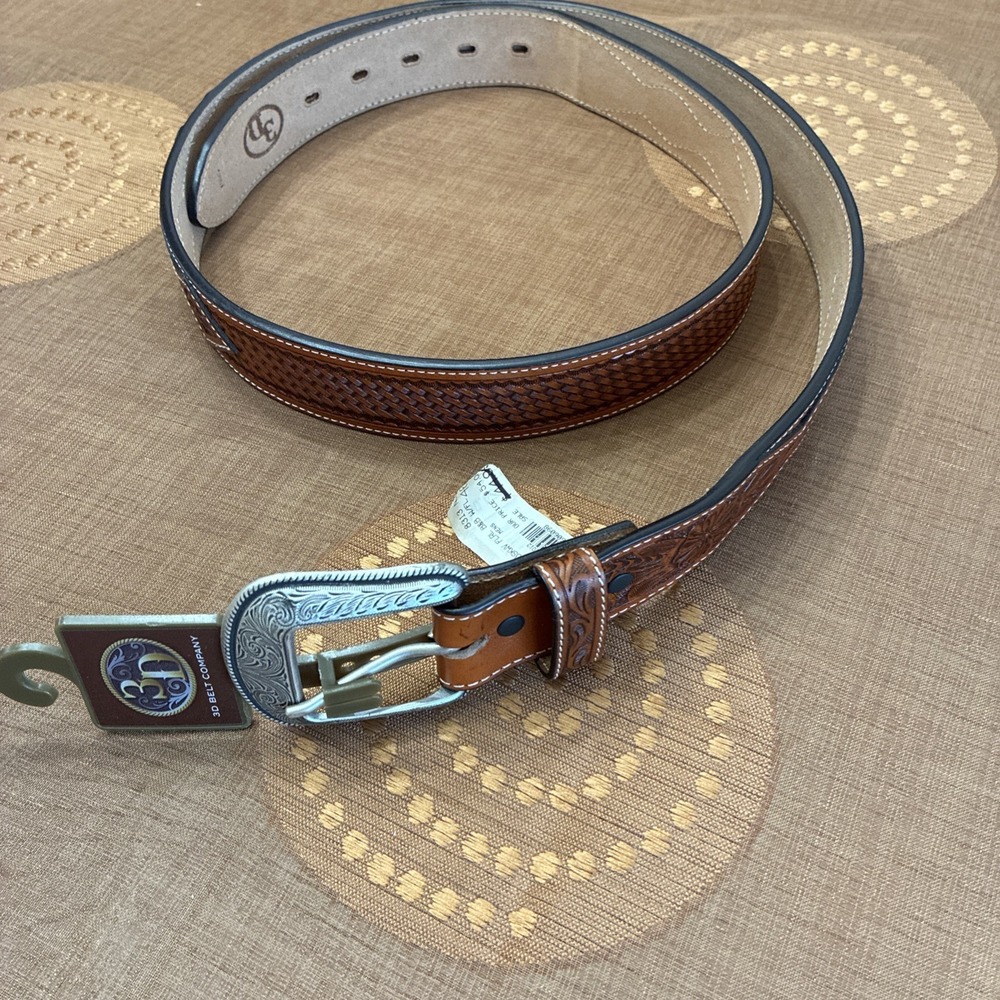 3D Belt Co. Men's Leather Belt Western Buckle Handtool Weave Pattern Sz. 46 NWT